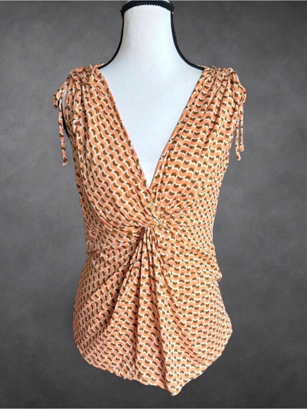 Lascana Retro Geometric Ruched Deep V Neck Top - Size 8/10